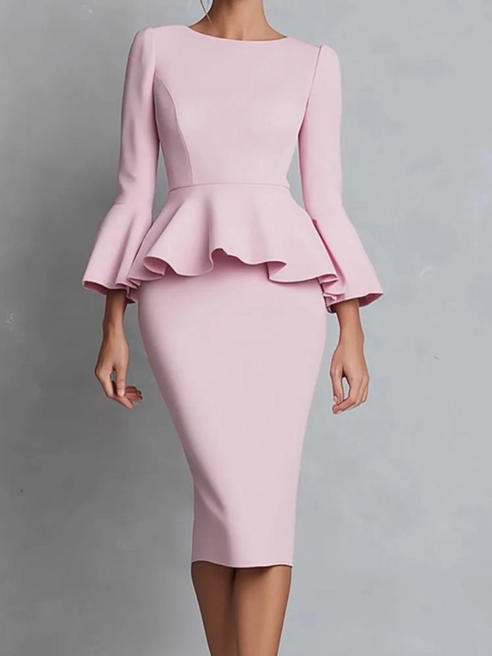 Elegant Pink Long-Sleeve Peplum Sheath Dress
